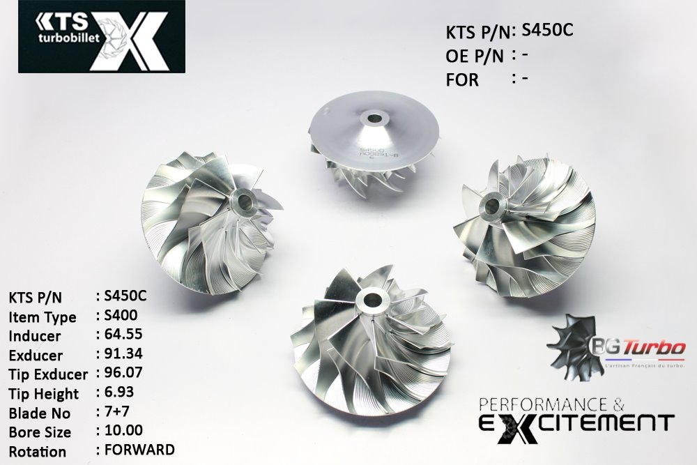 Turbo ROUE FORGÉE MFS PERFORMANCE - 7+7 PALES - INDUCER : 64,55 - EXDUCER : 91,344 - TYPE : S400ANGLE : 55° - ROTATION : Forward - SUPER BACK : 8,5 - BORE SIZE : 10

